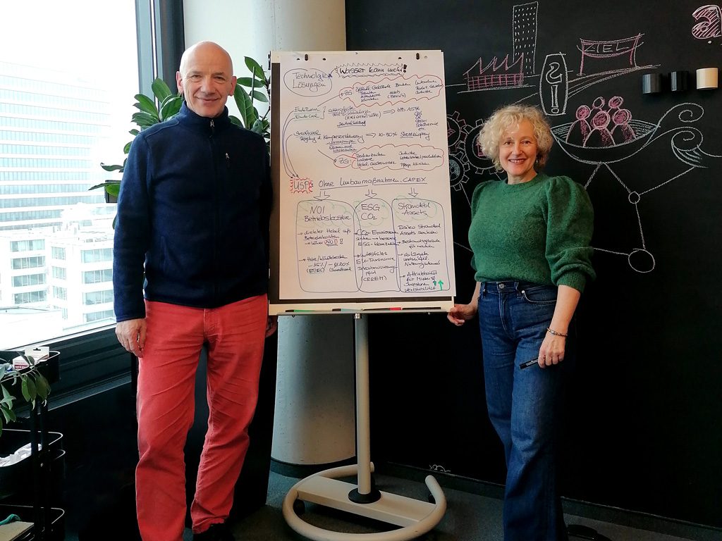 Rüdiger Schneider und Kristin Jung vor einem Chart mit direkten NOI-Hebeln in Bestandsgebäuden