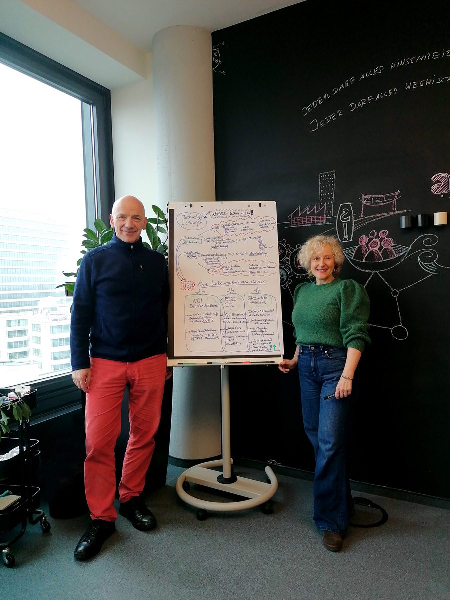 Rüdiger Schneider und Kristin Jung vor einem Chart zu Wohlfühlklima, Flächeneffizienz und NOI im Bestandsgebäude